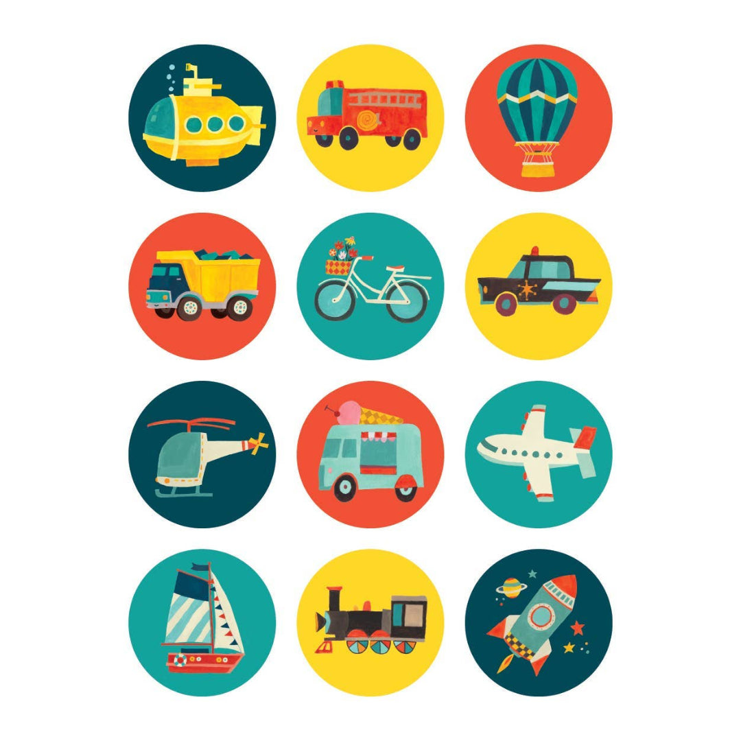 Set of colorful icons representing different modes of transportation on a white background.