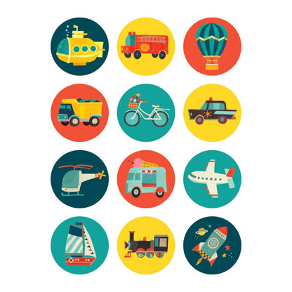 Set of colorful icons representing different modes of transportation on a white background.