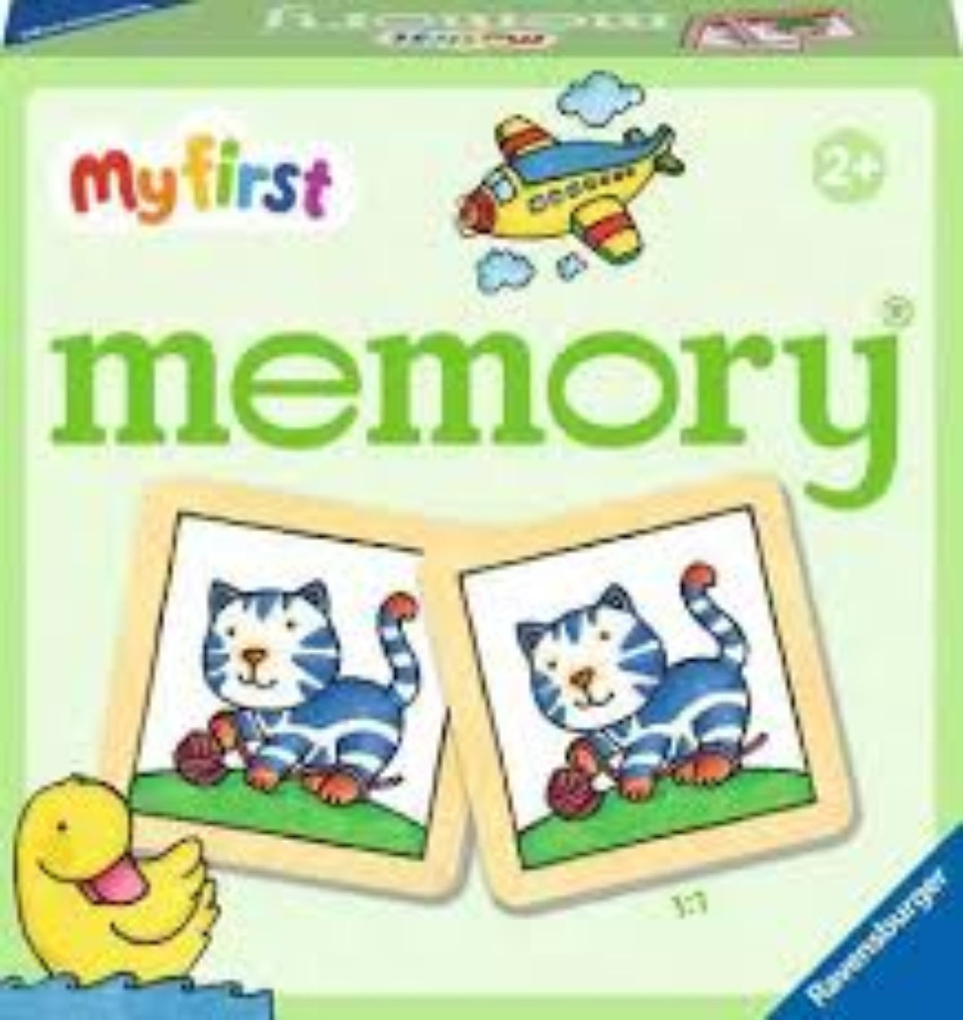 Children's game box titled 'My First Memory' with cartoon animals and a duck.