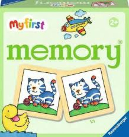Children's game box titled 'My First Memory' with cartoon animals and a duck.