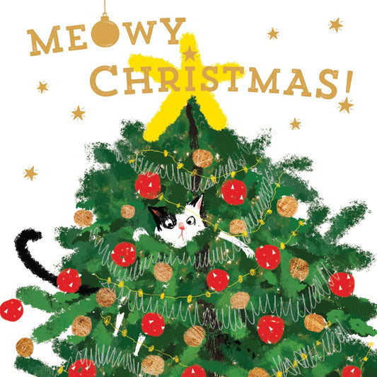 Book cover of 'Meowy Christmas!' with a cat on a decorated Christmas tree.