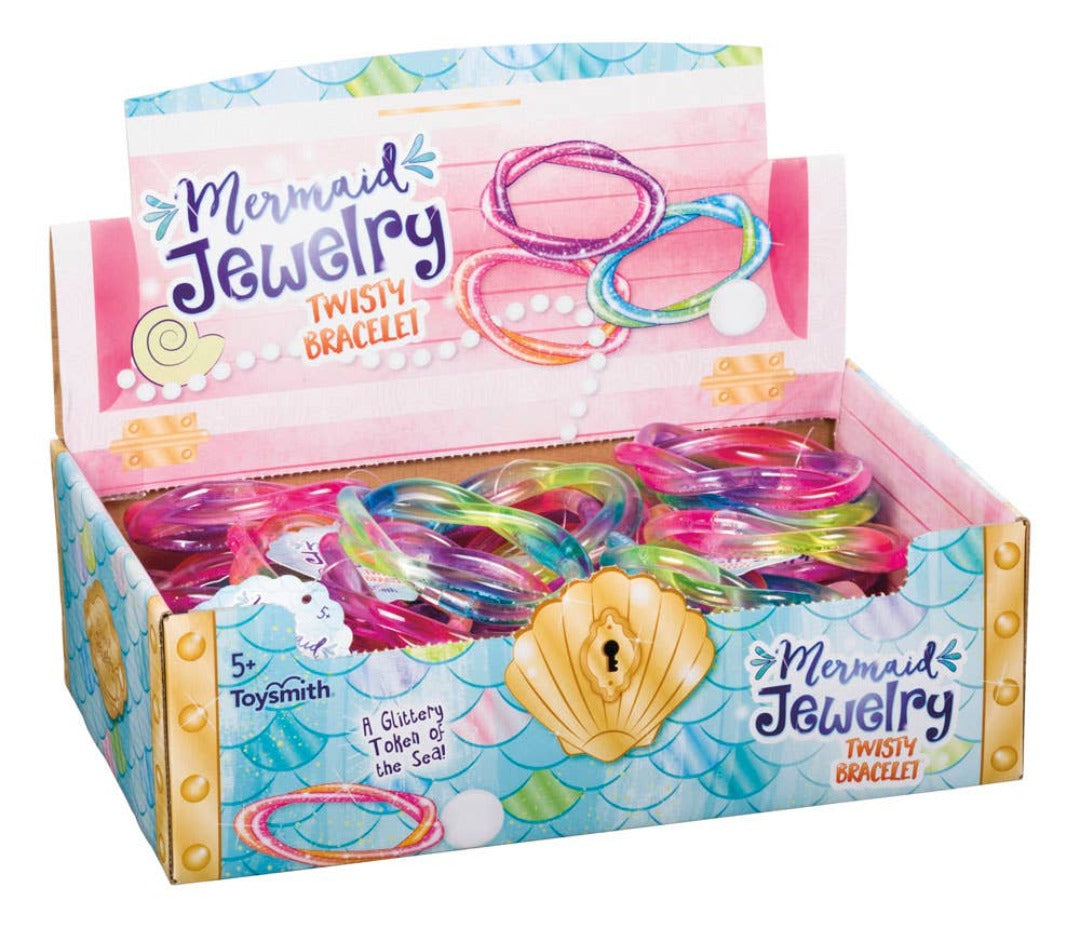 Box of mermaid jewelry twisty bracelets with colorful bracelets inside, featuring a shell design.