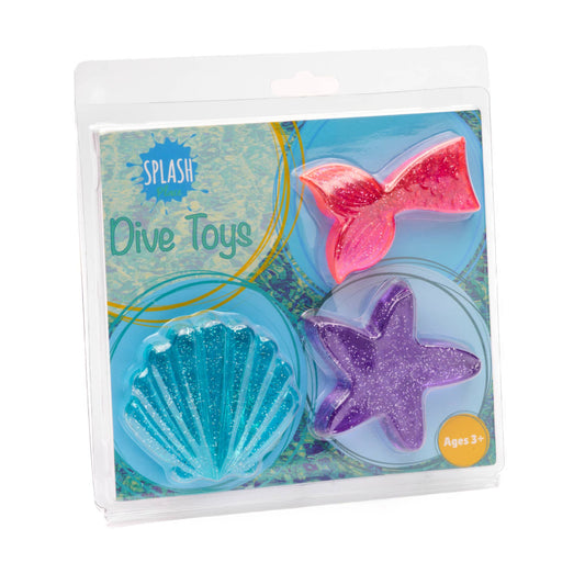 3 piece dive toys including a seashell, star fish, and mermaid tale shape