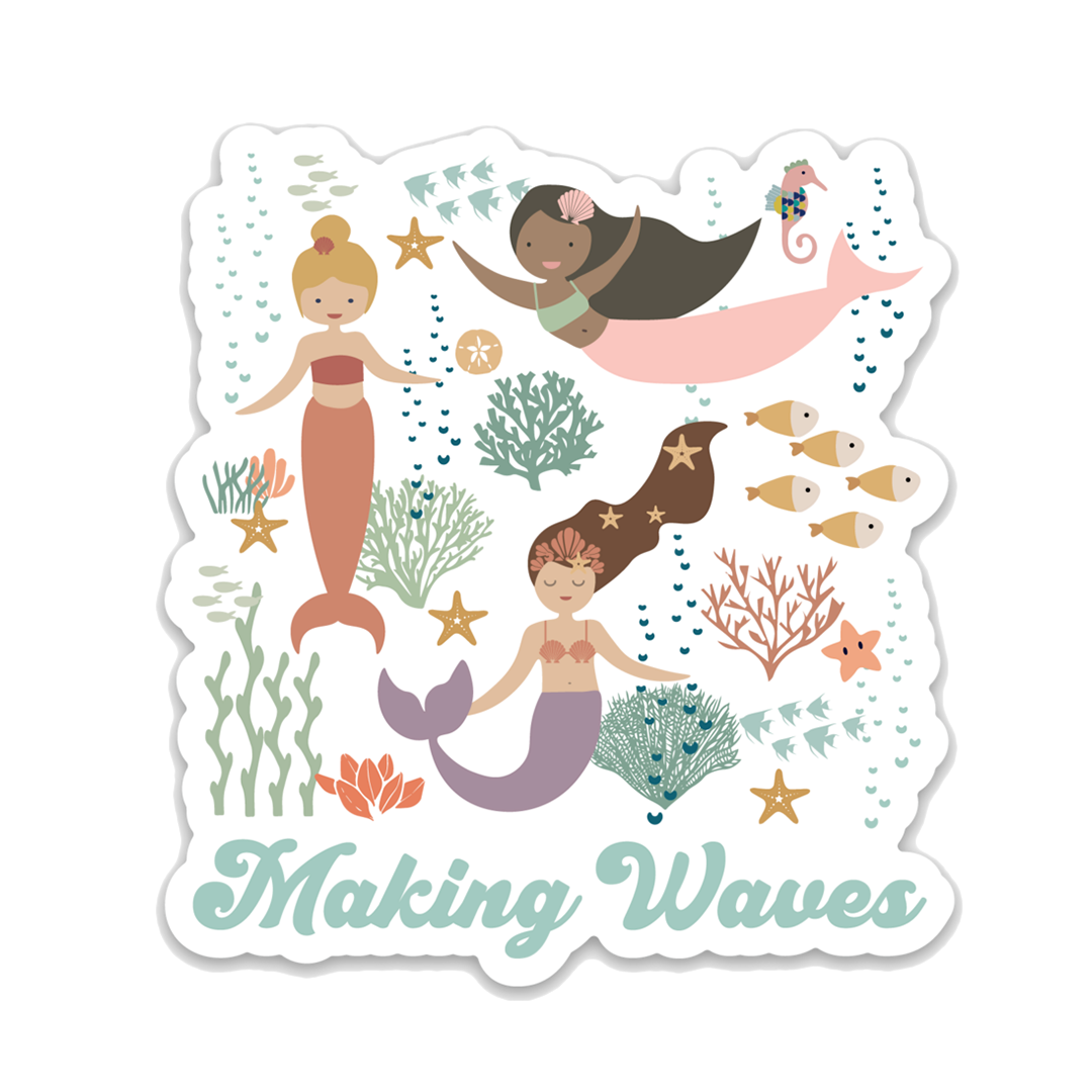 the "making waves" sticker has 3 mermaids and lots of ocean life printed around them. 