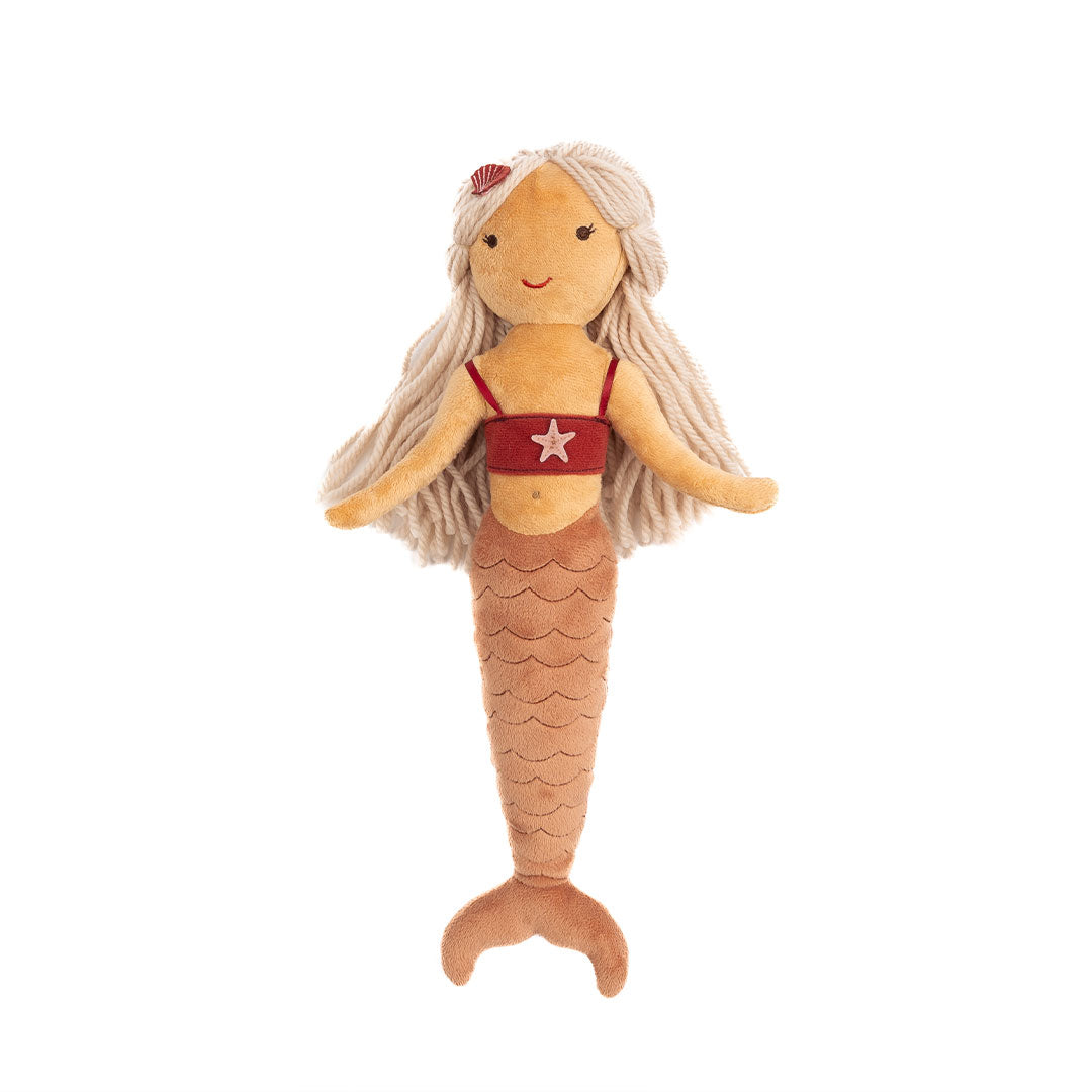 Adriana the stuffed plush mermaid is a blonde mermaid with a red top and orange tail. 