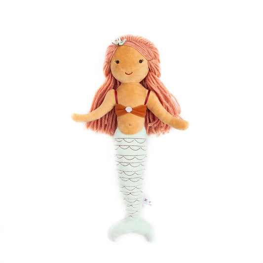 Cordelia the stuffed plush mermaid. Cordelia is a red-head mermaid with an orange top and blue tail. 