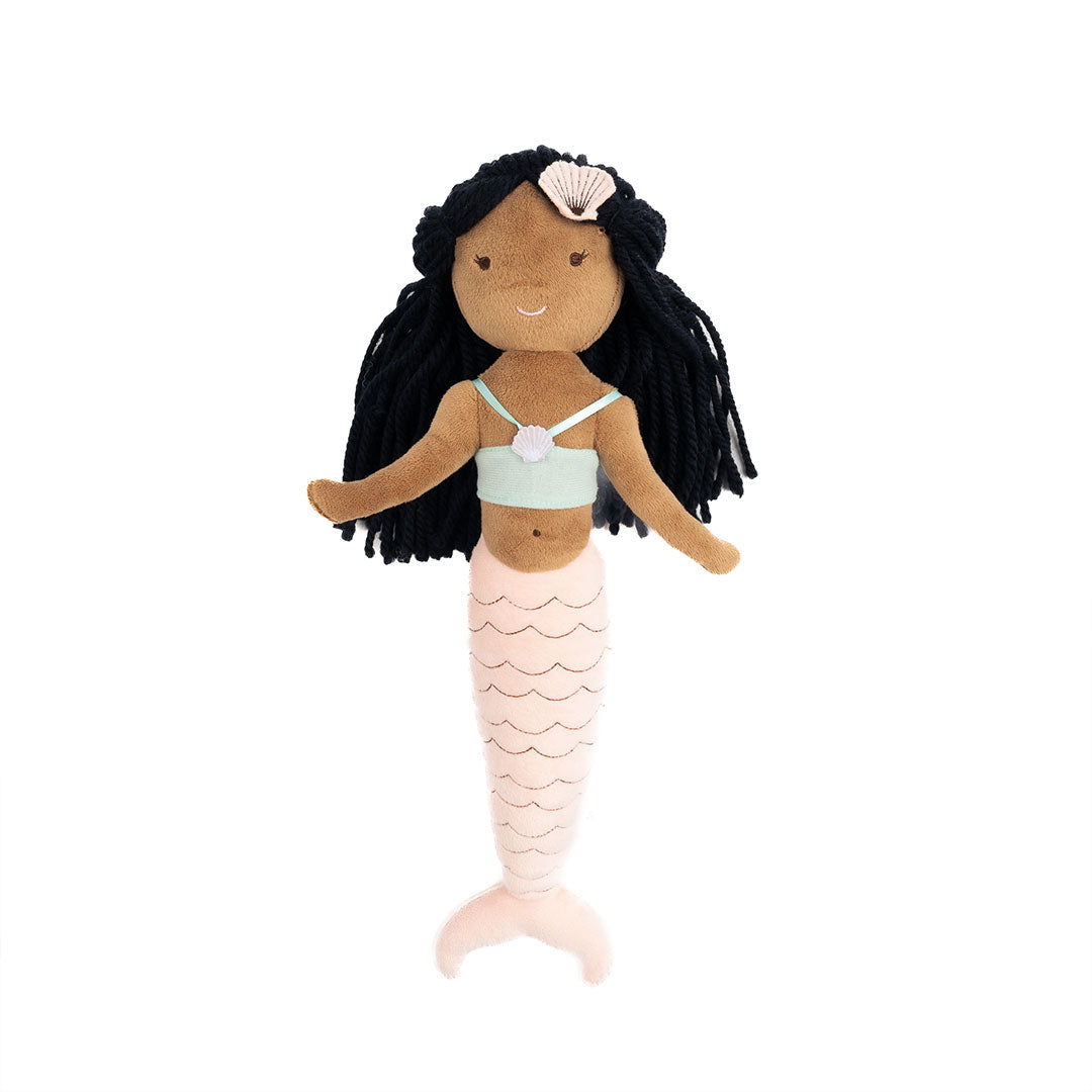 Sabrina the mermaid is a mermaid with dark skin, hair, a blue top, and a pink tail. 