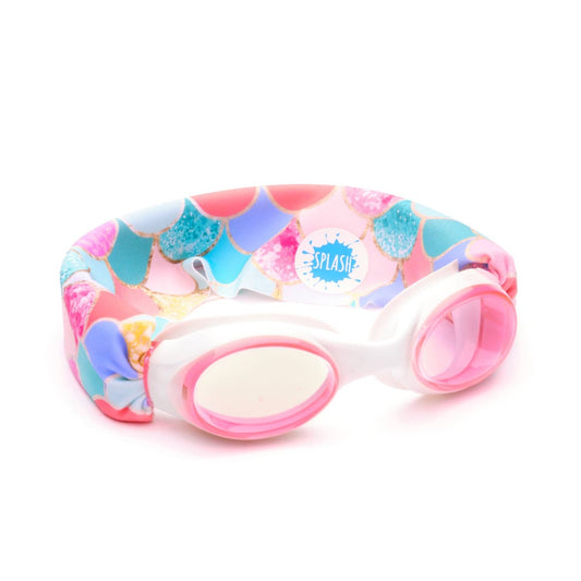 Pink swim goggles with mermaid scales on the strap