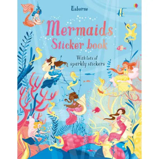 Mermaid theme sticker activity book with a bunch of mermaids and fish on the cover