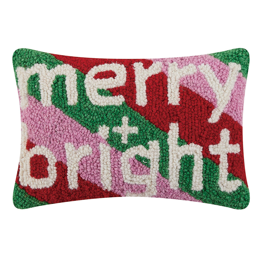 christmas colored throw pillow that says merry and bright