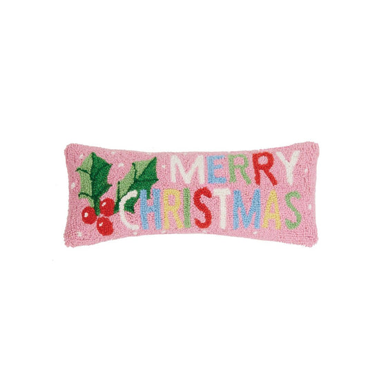 pink pillow that says merry christmas with mistletoe