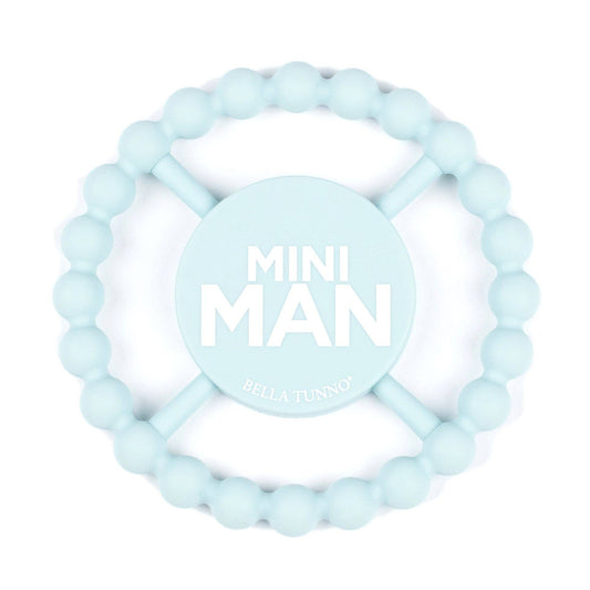 light blue silicone round teether that says mini man