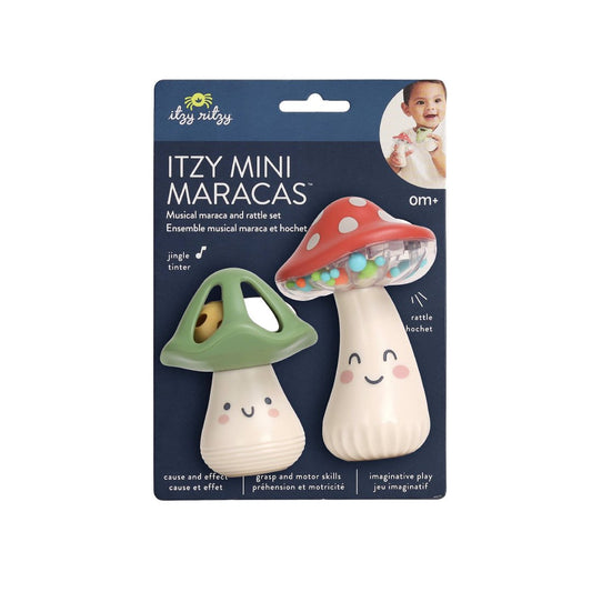 2 mushroom shaped mini maracas baby toy on blue packaging