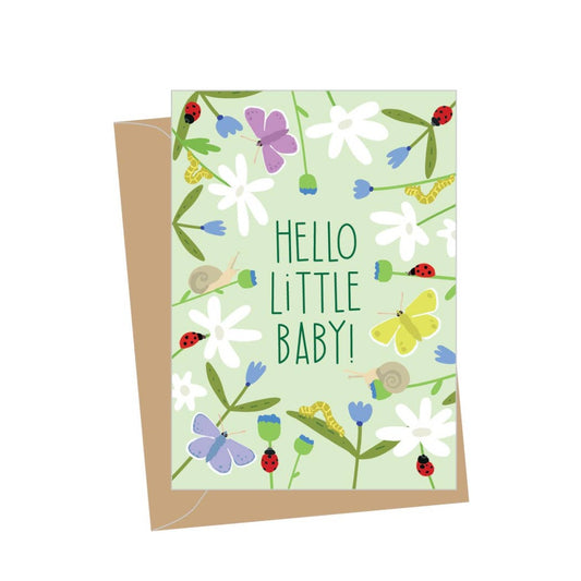 Green greeting card with multi-colored bugs and plants