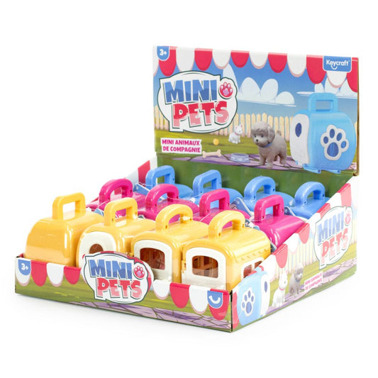 mini carriers in blue, pink, and yellow and each carrier has a mystery pet inside