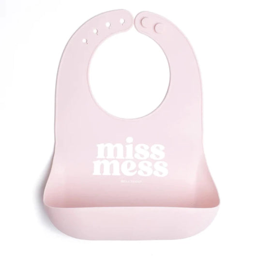 pink baby bib that says miss mess on it