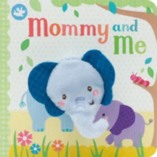 Blue elephant finger puppet on a multi-colored board book with a pink caterpillar and purple baby elephant
