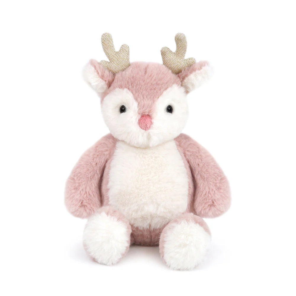 Plush deer toy with pink and white colors on a white background