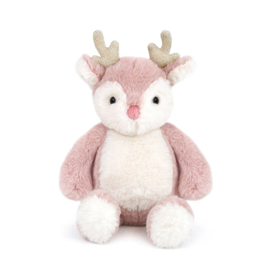 Plush deer toy with pink and white colors on a white background