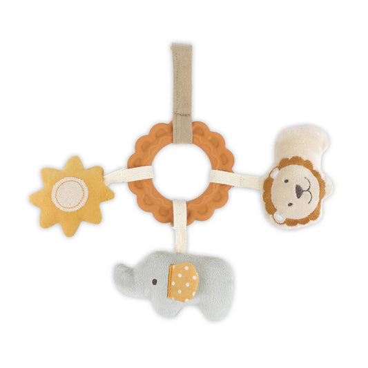 Baby teething ring with lion, elephant, and sun design on a white background