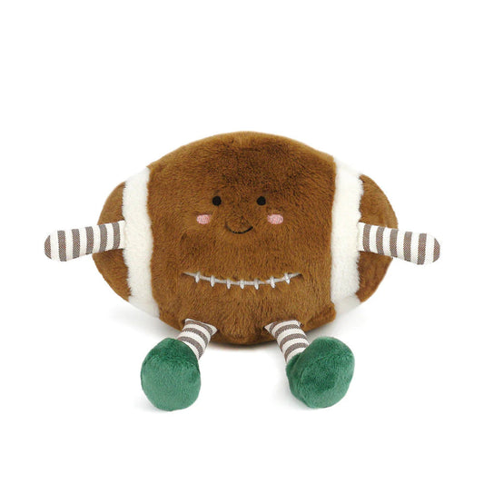 football plush toy with a smiley face and green shoes
