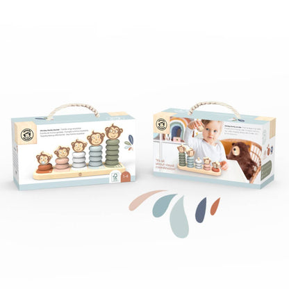 wooden stacking toy with 5 different height posts to stack round blocks on, ranging from short to tall. The blocks are red, pink, light blue, dark blue and green and they all have a monkey head smiling on top