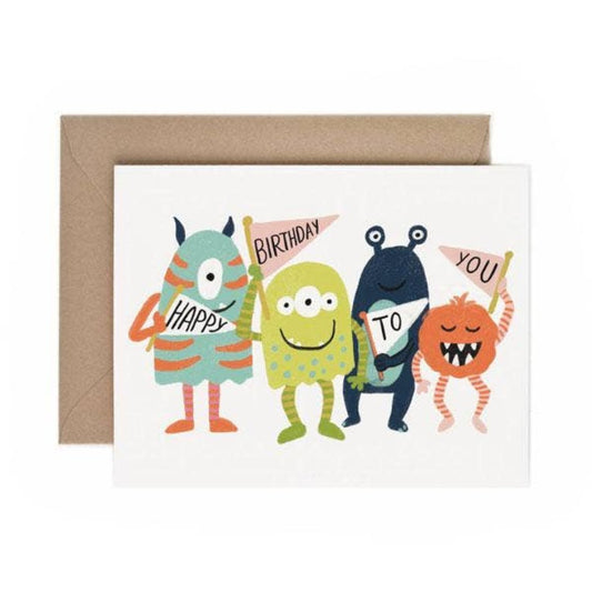 monster themed birthday card that says happy birthday to you on it