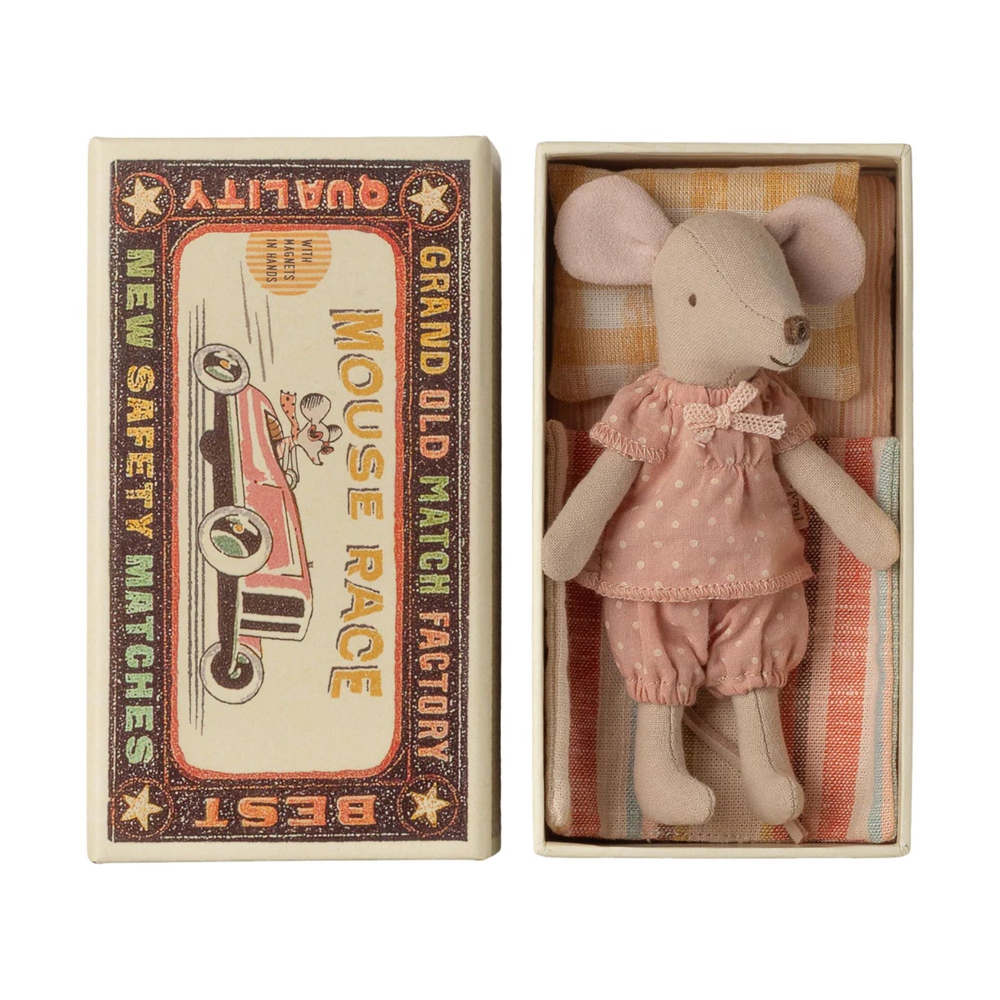 Stuffed mouse toy in a matchbox with a vintage-style matchbox design.