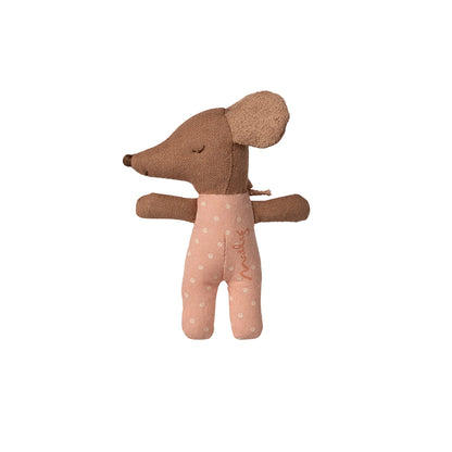 Flat Lay of the adorable Maileg baby mouse in a pink spotted suit.
