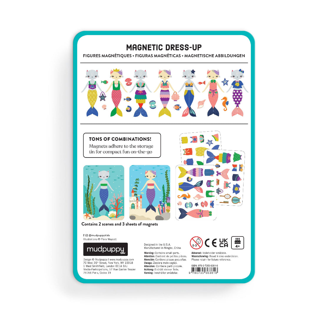 Mudpuppy magnetic dress-up set packaging with mermaid figures and magnets on a white background
