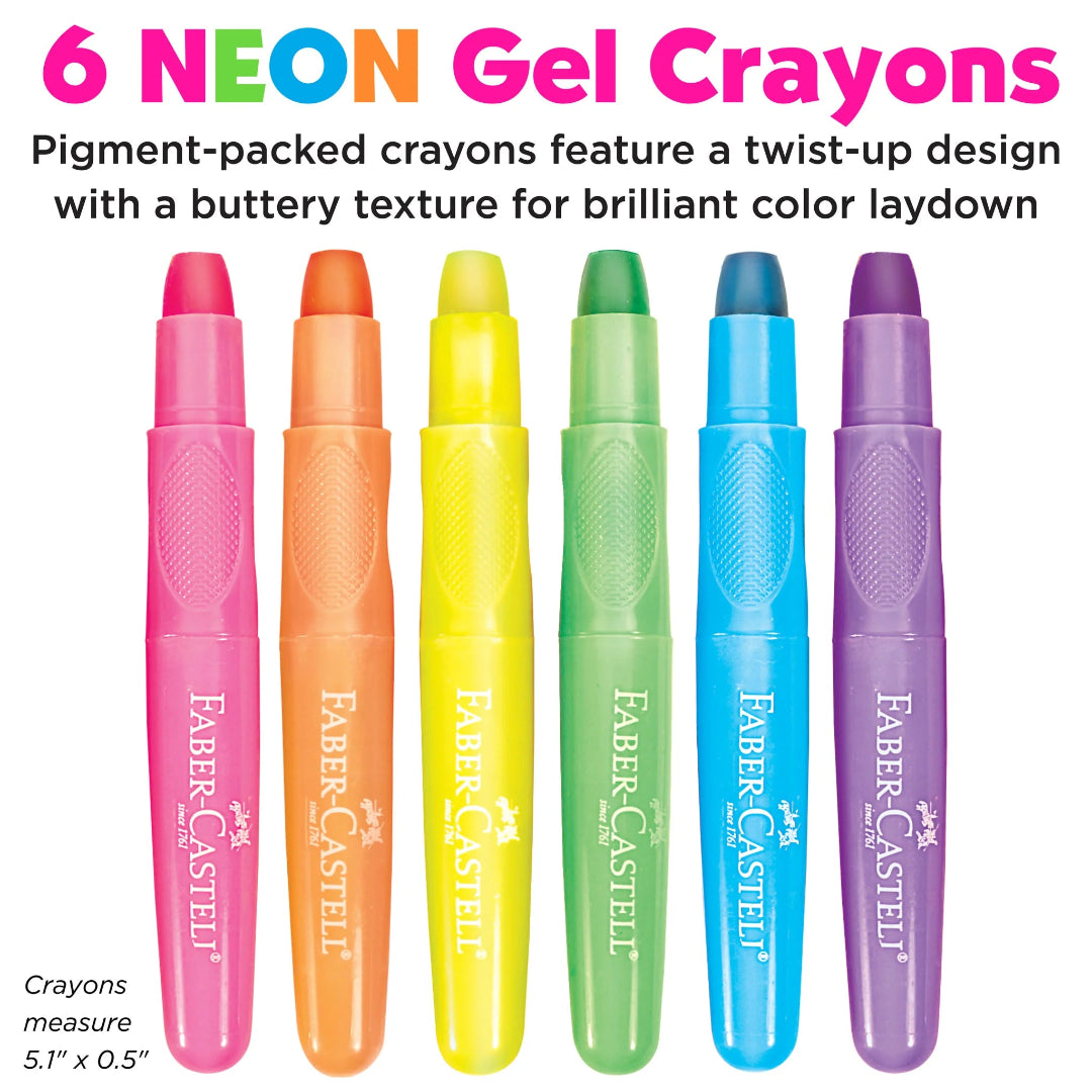 Six neon gel crayons from Faber-Castell on a white background with product details.