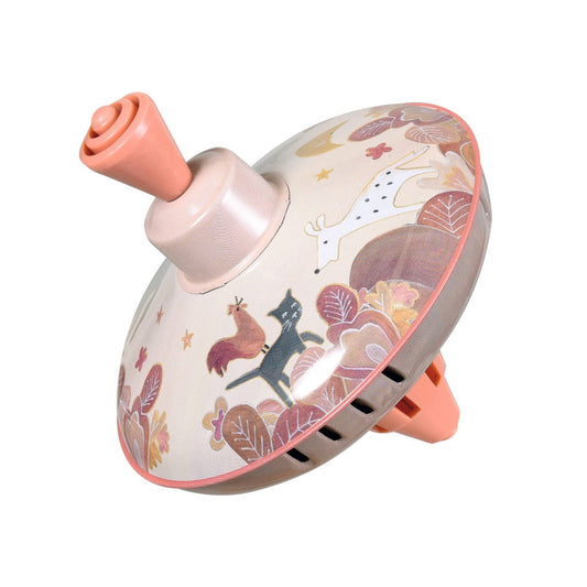 Pink spinning top toy with image of Musicians of Bremen