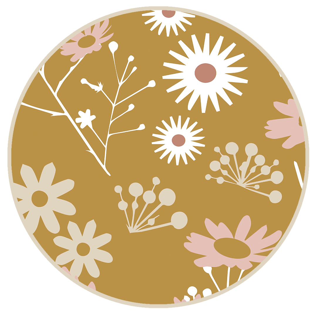 the "mustard floral" print are a bunch of white and pink floral flowers on a mustard yellow background. 