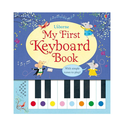 Children's book titled 'My First Keyboard Book' with cartoon mice and piano keys on a blue background.