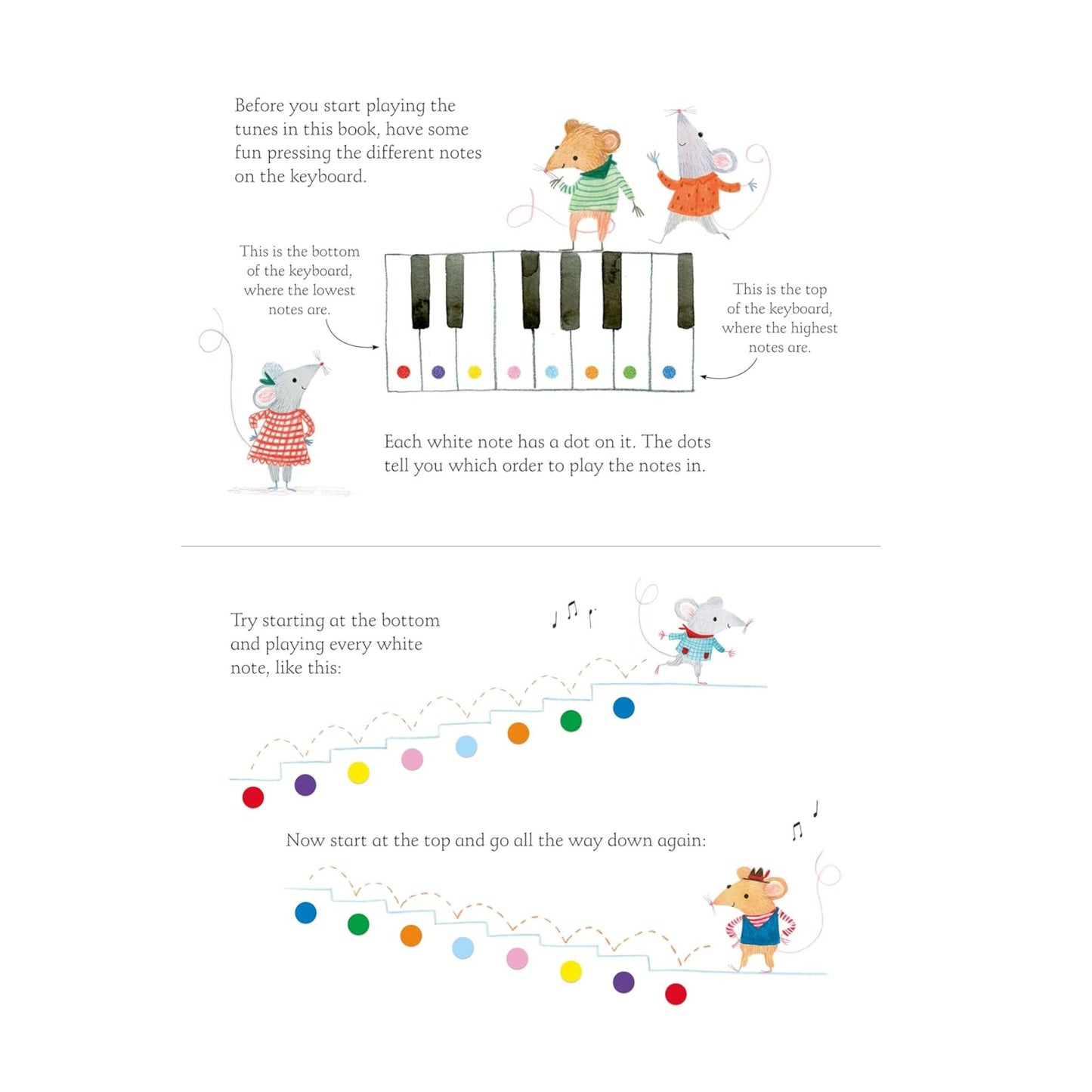 Educational page from a children's book about playing the piano with cartoon animals.