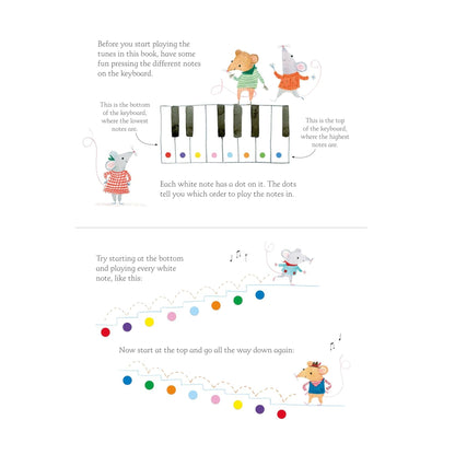 Educational page from a children's book about playing the piano with cartoon animals.