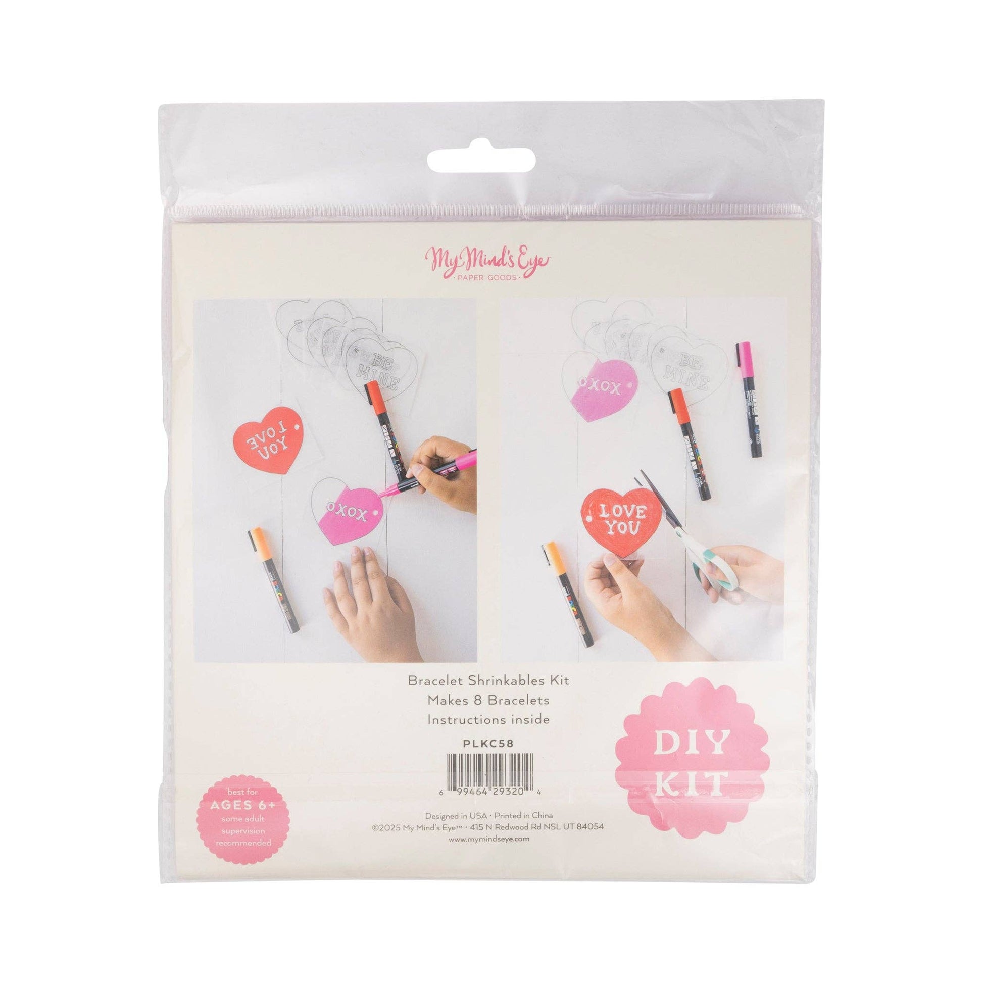 Packaging of a DIY bracelet making kit with hands and materials on a white background