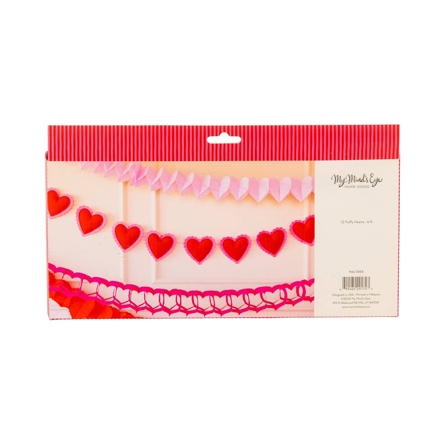 Packaged heart-themed decorative items with a visible brand label on a white background