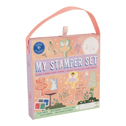 Children's stamp set packaging with illustrations and 'Floss & Rock' branding.
