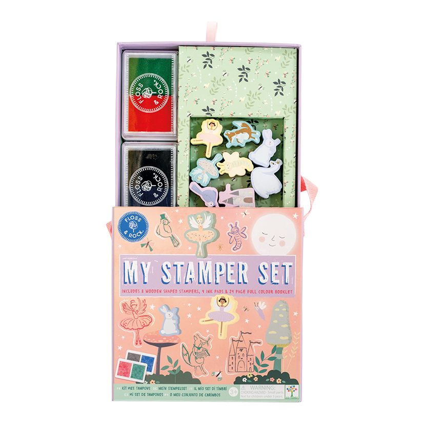 Children's stamp set with colorful packaging featuring illustrations of stamps and a color wheel.