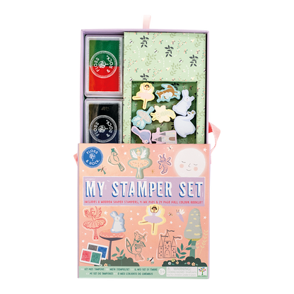 Children's stamp set with colorful packaging featuring illustrations of stamps and a color wheel.