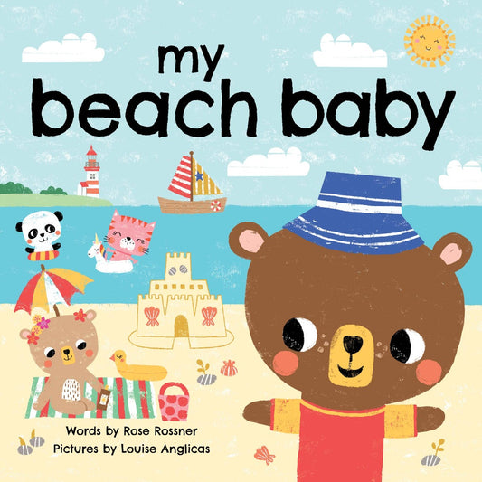 Colorful board book with bears and a cat playing at the beach, a sailboat, and a lighthouse on the cover