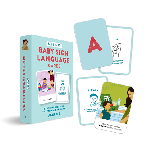 a blue box of cards that teach babies sign language