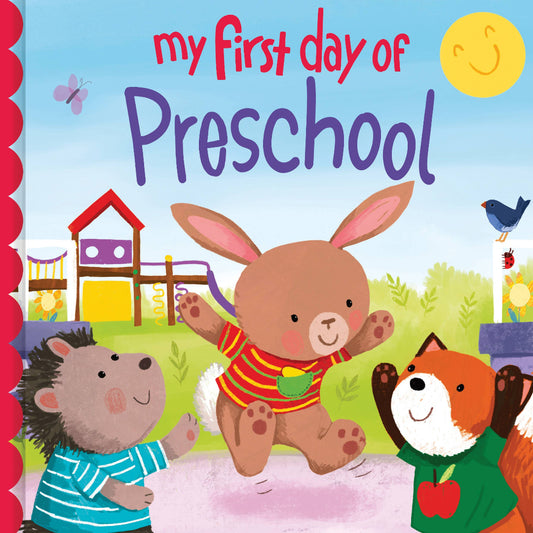 a book with an animated bunny, fox, and hedgehog on the cover playing on a playground