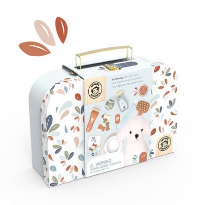 little suitcase set with a stuffed puppy, wooden dog bowl, treats, brush, color, ball, pretend shampoo and pretend clippers