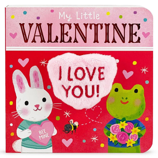 pink and red board book with a bunny and frog on the front and a finger puppet heart in the middle