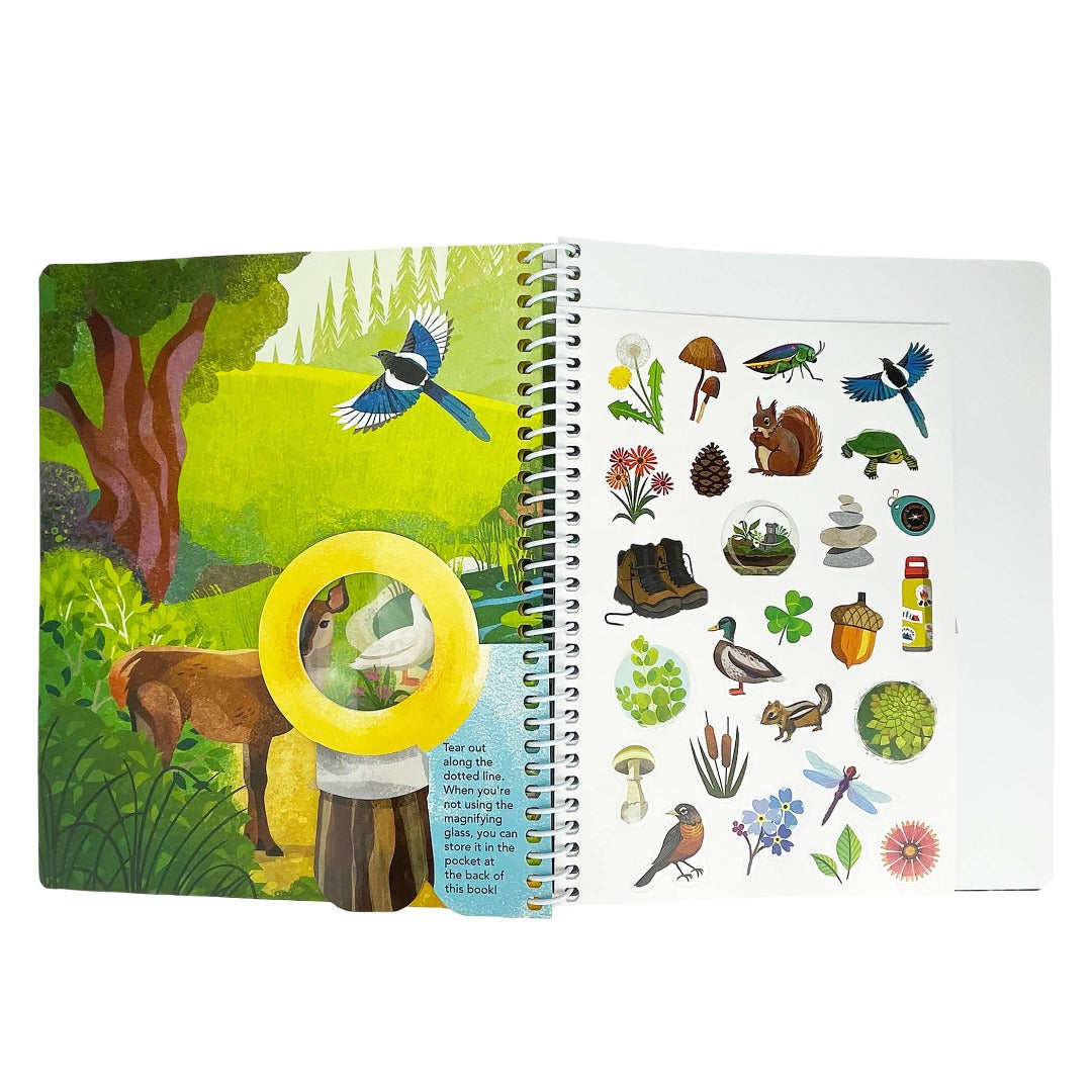 A multi-colored forest scene, yellow magnifying glass, and stickers