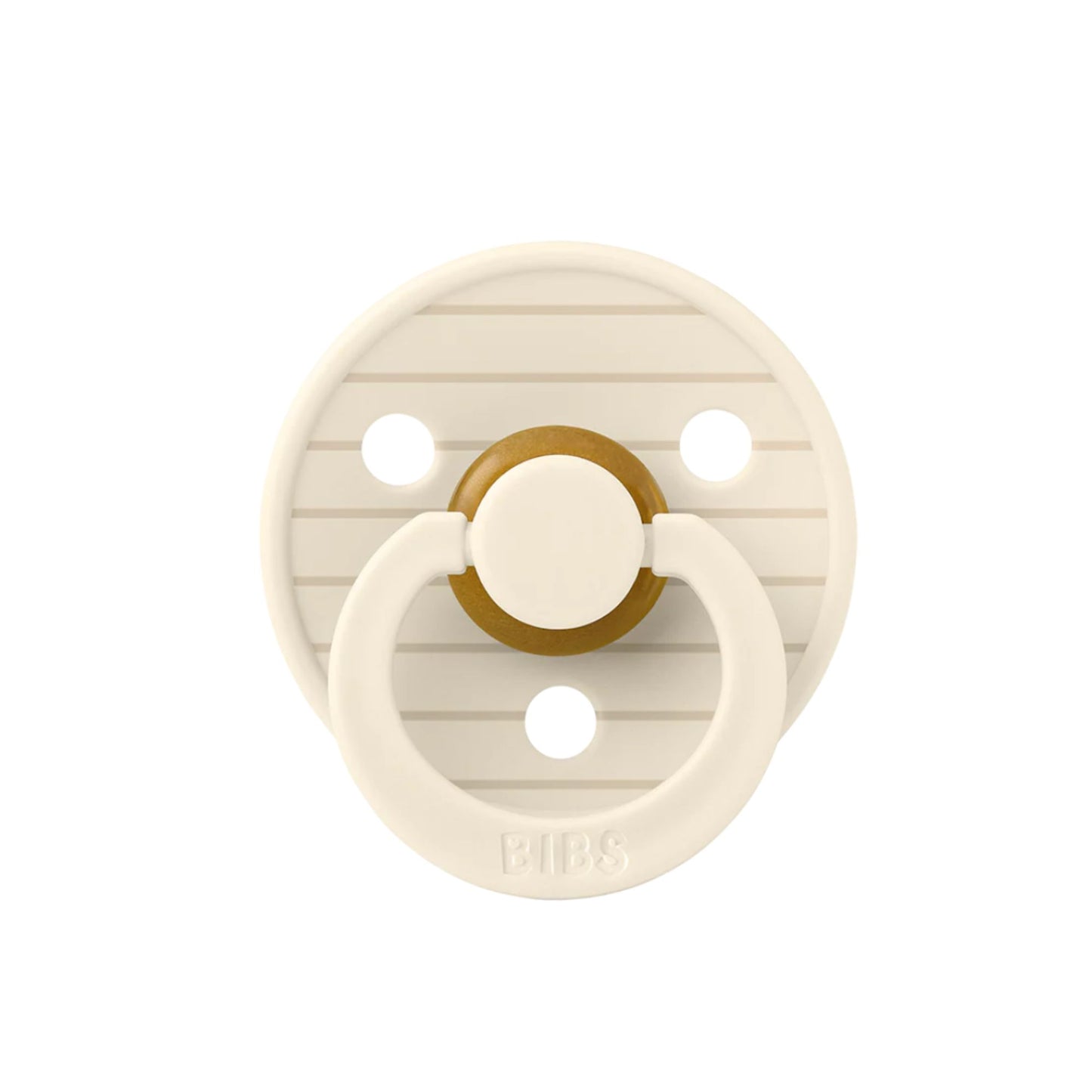 Beige pacifier with gold center on a white background