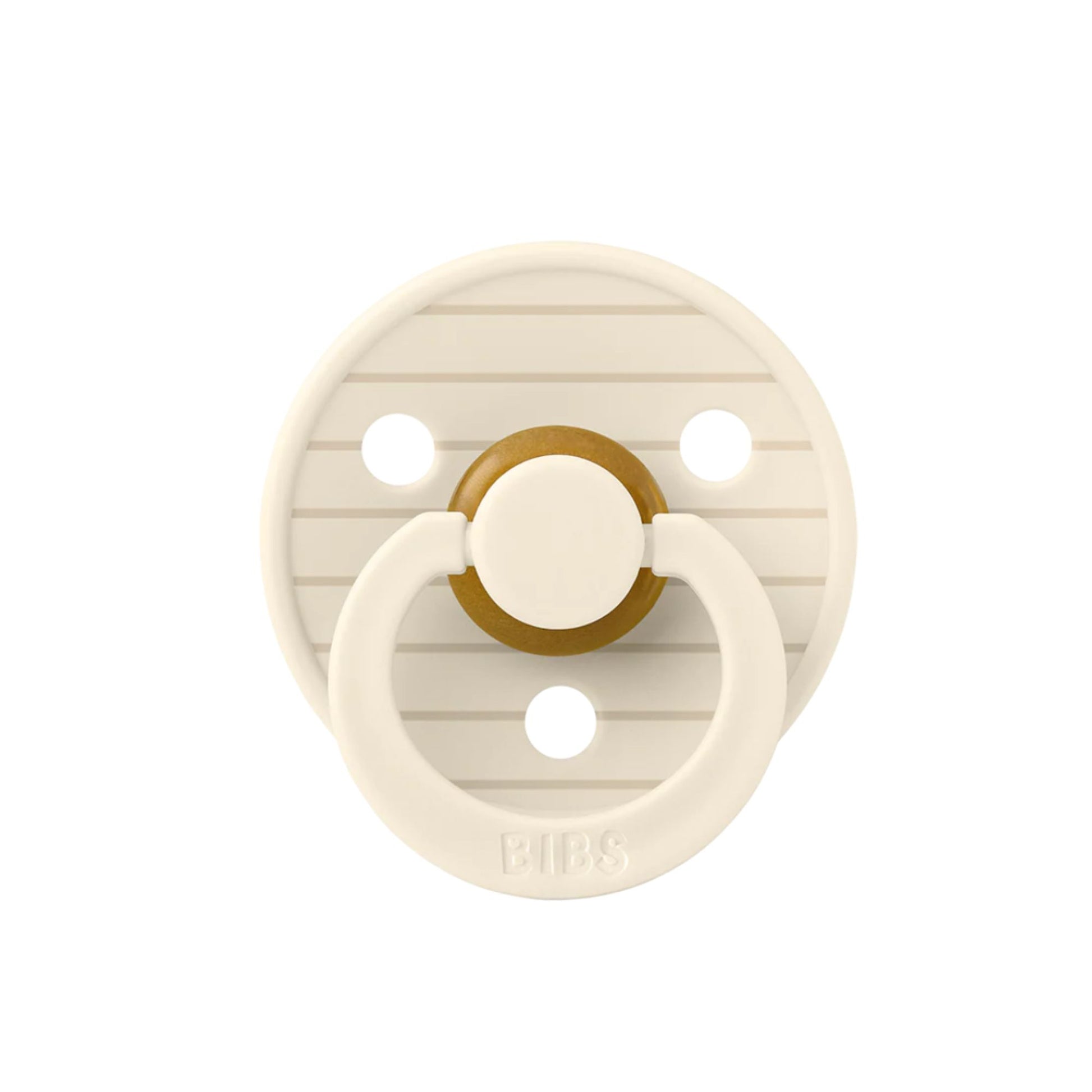 Beige pacifier with gold center on a white background