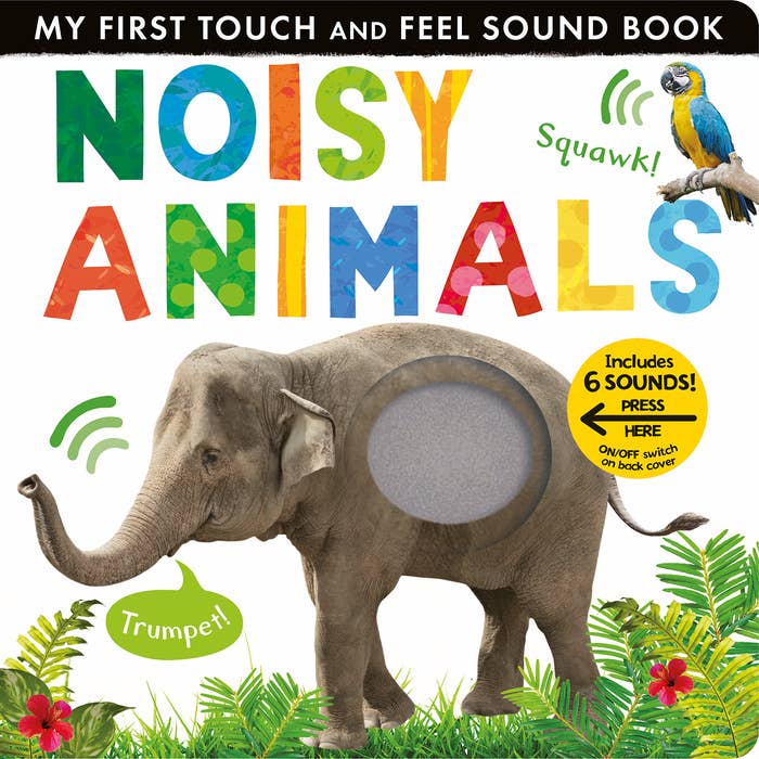 Book cover of 'Noisy Animals' with an elephant and colorful text on a green background